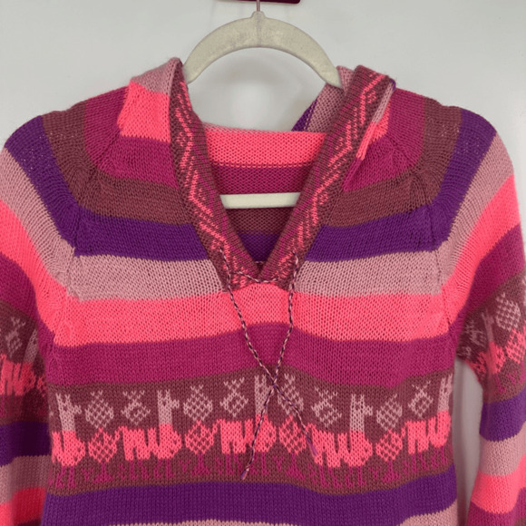 Alpaca Wool Youth XL Sweater Hooded Pink Striped Fringe Hem Pockets Made in Peru - Picture 8 of 12